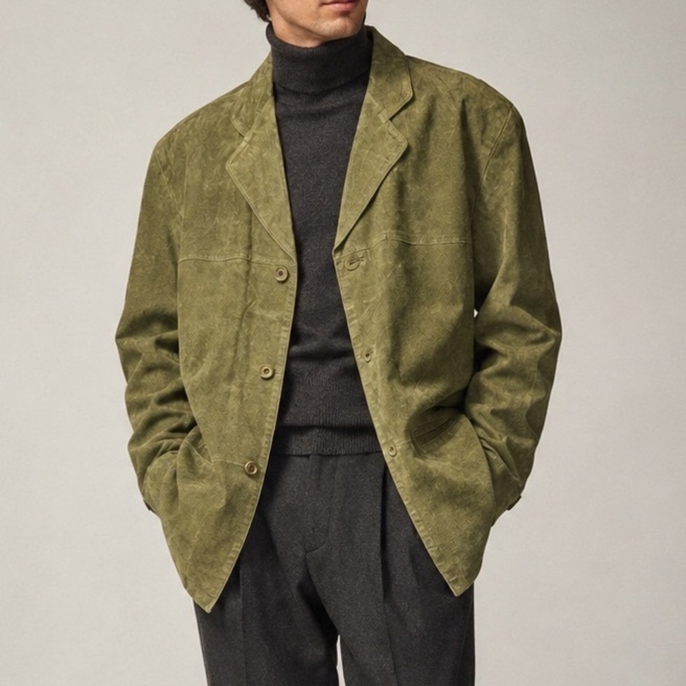 Vintage Ash Creek Trading Mens L Olive Green Suede Leather Blazer Jacket 90s